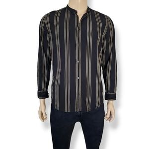 H&M Black & Beige Striped Band Collar Slim Fit Shirt